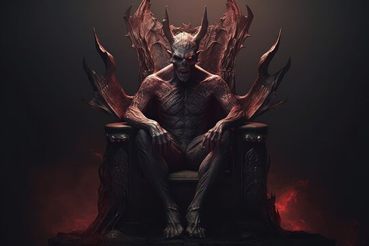 An image of a demon sitting in a throne, in the style of realistic and hyper-detailed renderings. Generative AI.
