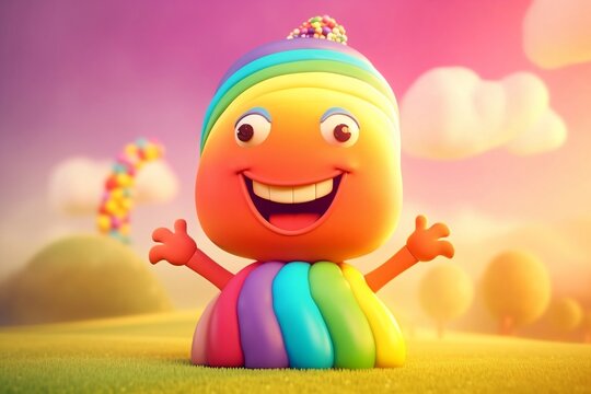 Cheerful rainbow with a smiling face. AI