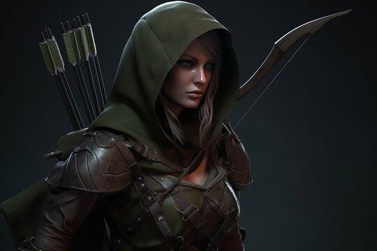 A female green hooded person wearing an arrow, in the style of zbrush, realist portraits. Generative AI.