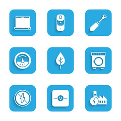 Set Leaf Eco symbol, Voltmeter, Nuclear power plant, Washer, No lightning, Electric, Screwdriver and Laptop icon. Vector