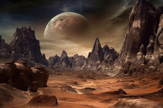 An image showing an alien landscape with a planet coming out of the desert, in the style of photo-realistic landscapes. Generative AI.