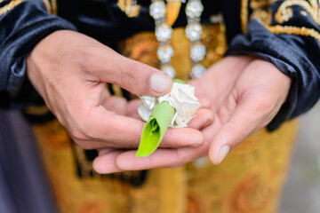 groom's hand holding betel leaf in javanese wedding