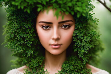 Beautiful young woman in a wreath of a green plant on her head. The concept of Mother Nature. Generative AI.