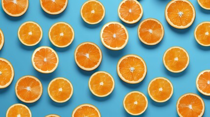 Cut oranges on a blue background, in the style of symmetry and repetition. Generated with the use of an AI.