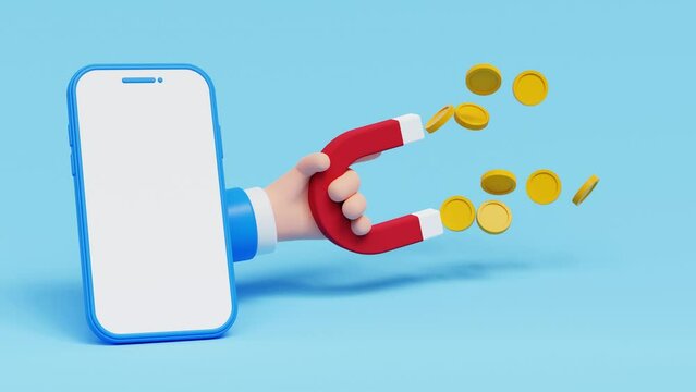 Money magnet with smartphone, power to attract business opportunity and earn more profit or increase wealth. Earn more income or refer a friend concept. 4K 3D animation