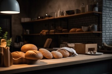 Fototapeta premium Generative AI a nature and simplistic kitchen in the bread shop Photography