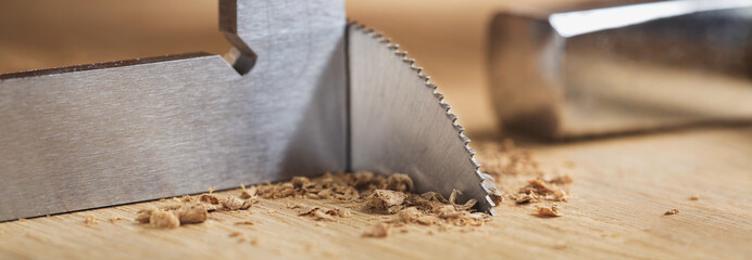 Circular saw cutting wooden plank. Circular milling in oak block.