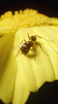 An ant sits on yellow Anacyclus flower petals in macro, waving its antennae. Against a black background. Vertical video.