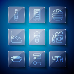 Set line Hotdog, Fast street food cart, Picnic table with chairs, Burger, balloon, Bumper, Bottle of water and Popcorn in box and glass icon. Vector