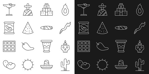 Set line Cactus, Burning candle on skull, Snake, Chichen Itza Mayan, Nachos, Beans, Margarita cocktail and Cigar icon. Vector