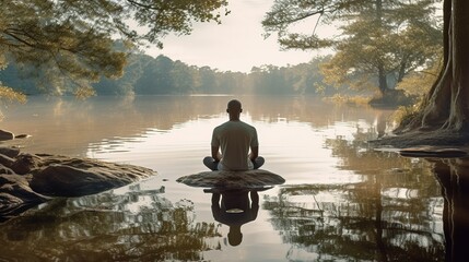 A person fully immersed in nature, sitting by a peaceful river. Practice of mindfulness, focusing on the present moment. Unplug from distractions. Slow living concept. Generative AI.