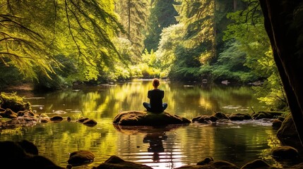 Naklejka na ściany i meble A person fully immersed in nature, sitting by a peaceful river. Practice of mindfulness, focusing on the present moment. Unplug from distractions. Slow living concept. Generative AI.