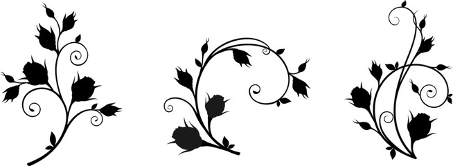 Black silhouettes of branches with rosebuds and leaves isolated on a white background. Floral decorative elements with rosebuds. Set of vector illustrations - obrazy, fototapety, plakaty