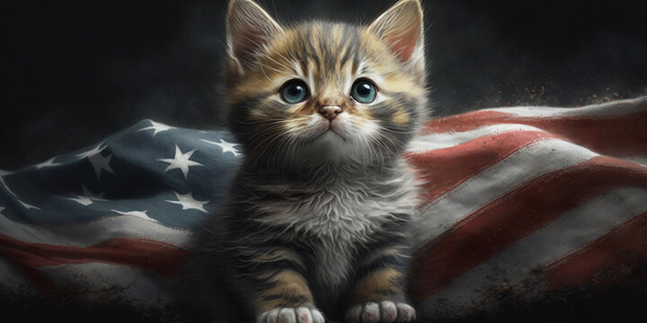 Patriotic kitten.  Selective focus with excessive noise,compression artifacts and film grain filter. Generative AI	