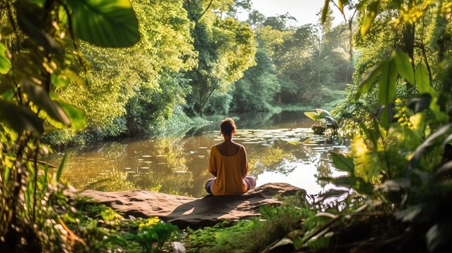 A person fully immersed in nature, sitting by a peaceful river. Practice of mindfulness, focusing on the present moment. Unplug from distractions. Slow living concept. Generative AI.