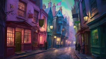 Fototapeta premium illustration of vintage old town with colorful buildings and mansion, Generative Ai