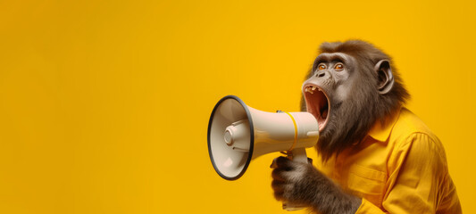 Monkey with a megaphone on a yellow background. The concept of advertising, ads. Generative AI