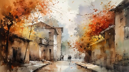 illustration of cityscape road in autumn season, idea for home wall decor artwork picture, Generative Ai