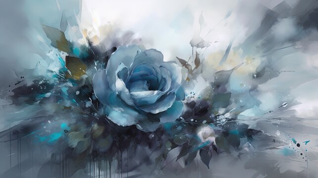 illustration of gradient blue rose in night garden, idea for home wall decor artwork picture, Generative Ai