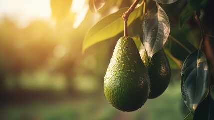 beautiful ripe avocado on tree with light glow from behind Generative Ai