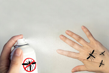 Mosquito spray. In the hand is an insecticide. Mosquito icon, warning sign.Prevention of infections...