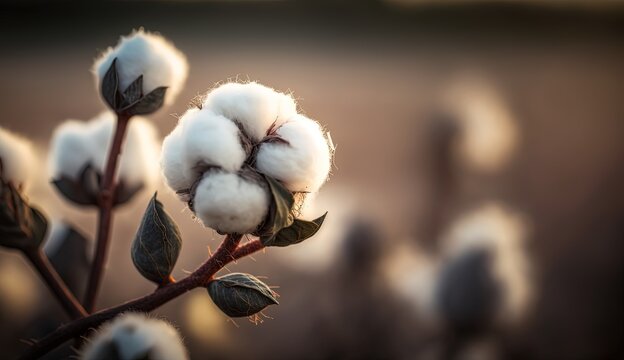 close up ripe cotton with white fiber grow on plantation, Generative Ai
