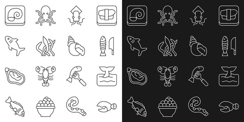 Set line Lobster or crab claw, Whale tail in ocean wave, Fish with sliced pieces, Octopus, Seaweed, Shark, on plate and Scallop sea shell icon. Vector