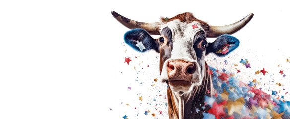 Whimsical cow out fit American flag celebrating 4th of July celebration in a stylish on white background,generative ai.