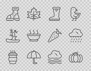 Set line Coffee cup to go, Pumpkin, Waterproof rubber boot, Umbrella, Bowl hot soup, Windy weather and Cloud with rain icon. Vector