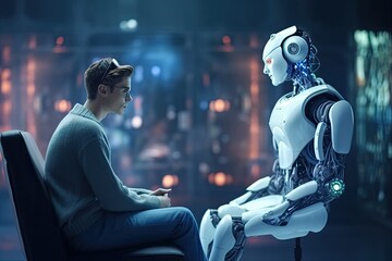 person talking with robotic ai . futuristic technology or machine learning 