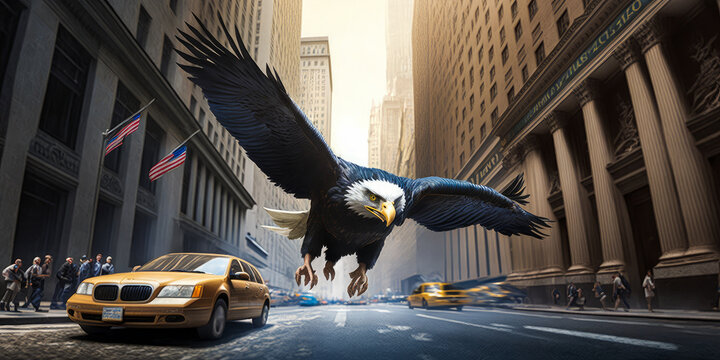 Stunning eagle soaring with wings spread in a lively New York street, surrounded by beautiful buildings and vibrant cars - a truly captivating scene. Generative AI