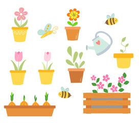 Cute spring set, cartoon hand drawn elements. Spring flowers, tulips and leaves in pots. Springtime, summertime and gardening concepts. Vector illustration.