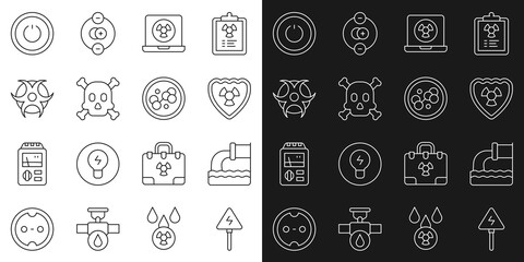 Set line High voltage sign, Wastewater, Radioactive in shield, Nuclear laptop, Bones and skull warning, Biohazard symbol, Power button and Molecule icon. Vector