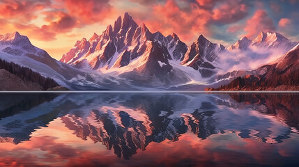 Panorama of Alps mountain range, sunset lights, reflection in lake. Generative ai