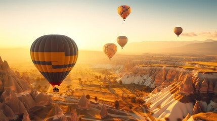 Naklejka premium Hot air balloon flying over spectacular Cappadocia. Generative ai