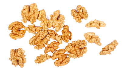 Walnut whole kernels, pile isolated on white, top view