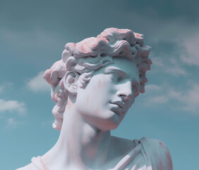 Antique sculpture of man on sky background. AI generated image.