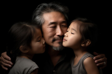 asian mid father and child hugging on a black background, generative ai
