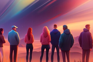 Blue Hour Pop Art: A High-Realism Crowd in Multi-Colored Neon Glow. Generative AI