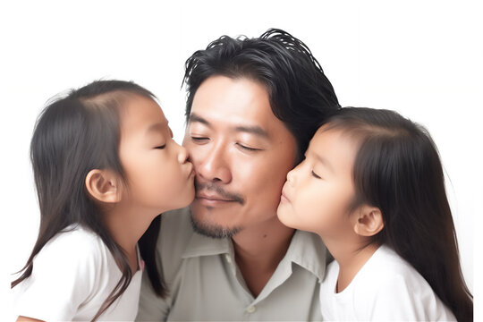 Asian mid father and children hugging and kissing on a white background, generative ai
