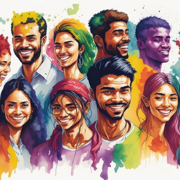 Watercolor Illustration With Young People Of Various Ethnicities Celebrating Youth Day #4. Generated Ai