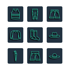 Set line Umbrella, Short or pants, Elegant women hat, Socks, Sweater, Undershirt and Man icon. Vector