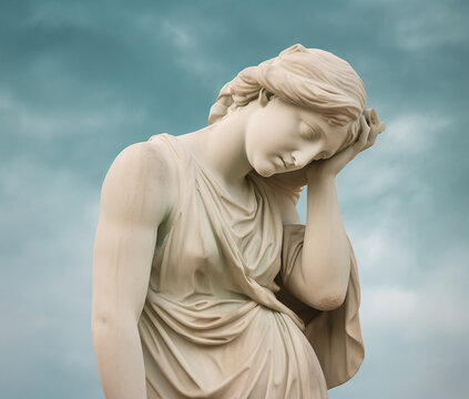 Antique sculpture of mourning woman on sky background. AI generated image.