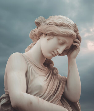 Antique sculpture of woman on sky background. AI generated image.