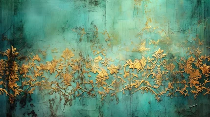 Deurstickers Distressed painted antique wall in turquoise and gold, golden shiny rococo ornaments. Beautiful distressed luxury vintage surface. Generative Ai. © Caphira Lescante