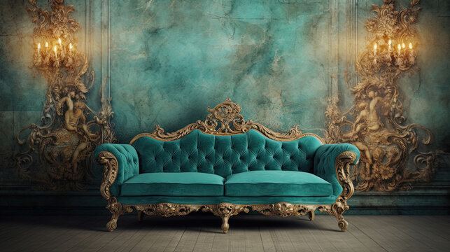 Armchair in an interior room, behind the sofa a distressed rococo wall in gold and turquoise. Luxury feeling. Generative AI