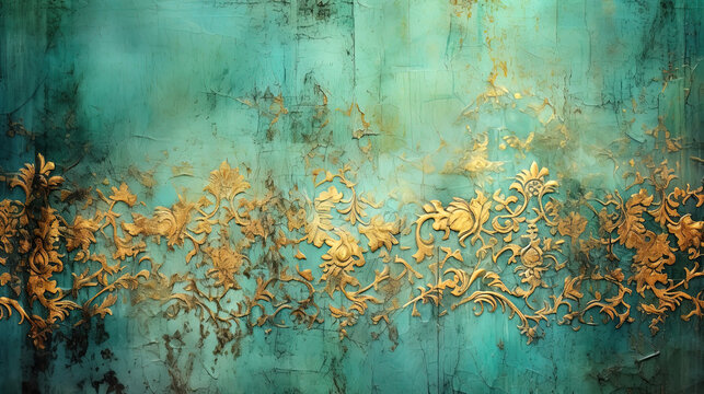 Distressed painted antique wall in turquoise and gold, golden shiny rococo ornaments. Beautiful distressed luxury vintage surface. Generative Ai.