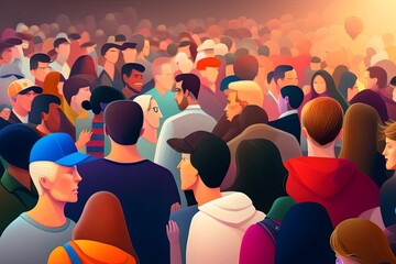 Golden Hour Crowd: Abstract Art in Poppy Colors with Minimalist Aesthetic and Bright Lighting Generative AI