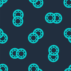 Green line Casino chips icon isolated seamless pattern on blue background. Casino gambling. Vector