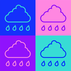 Pop art line Cloud with rain icon isolated on color background. Rain cloud precipitation with rain drops. Vector